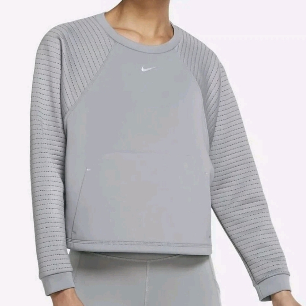 Nike Pro Gray Cropped Pullover Sweatshirt Ribbed Sleeve Athletic Top S